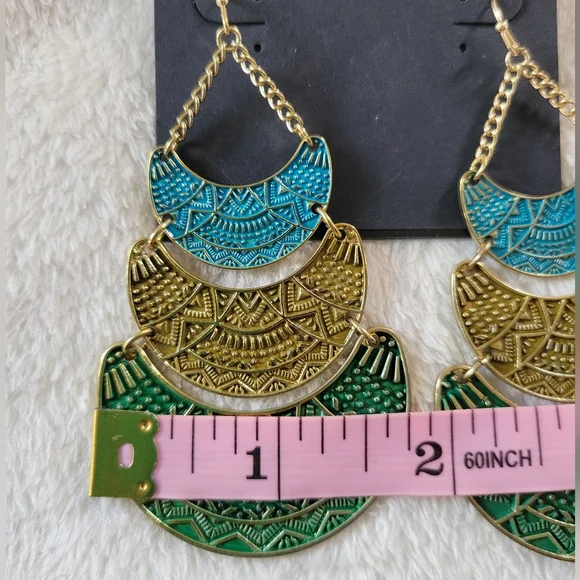 Fringe | Large Boho Embossed Gold Tone Blue/Green Layered Tribal Disc Earrings - Picture 6 of 7